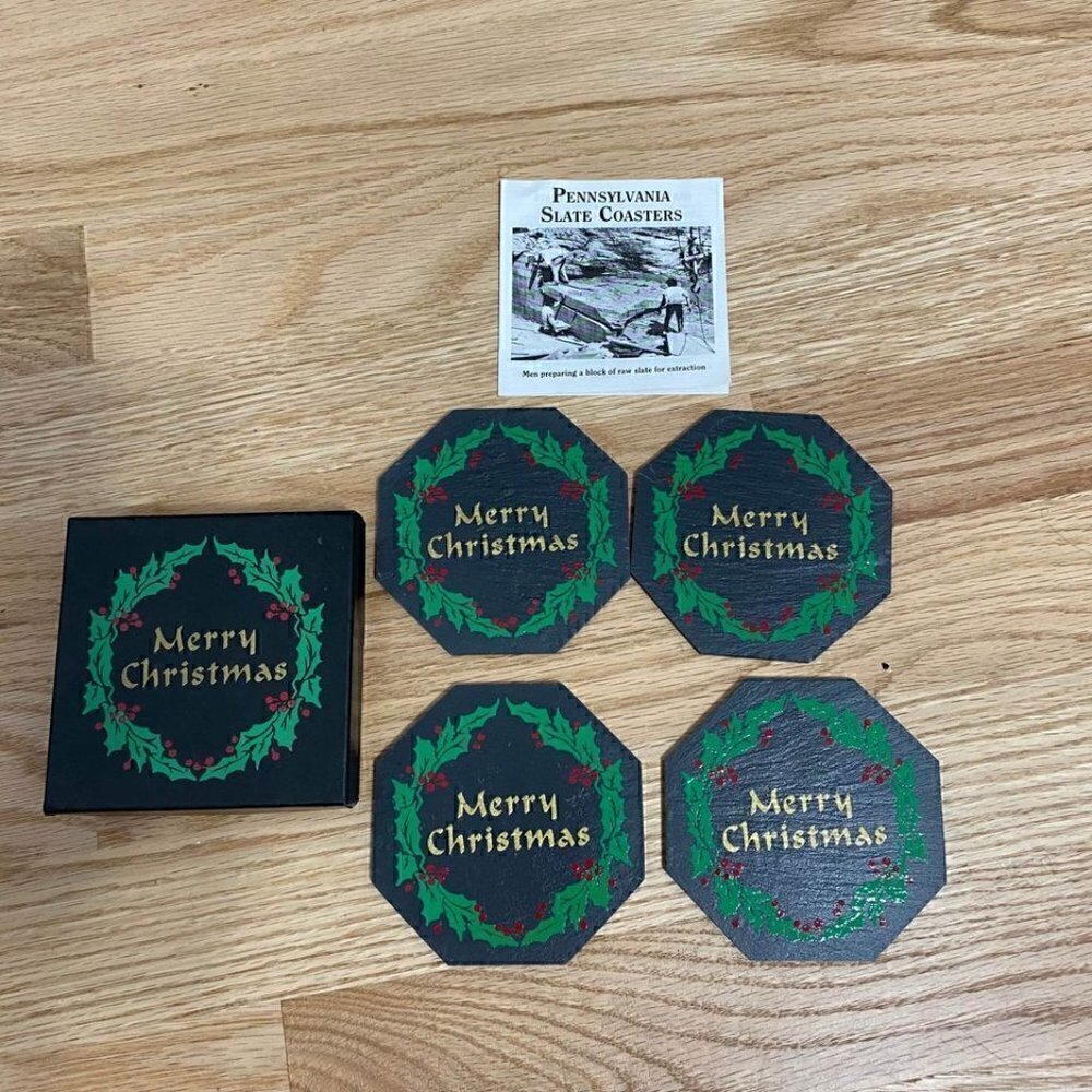 Merry Christmas Pennsylvania Slate Coaster Set Black